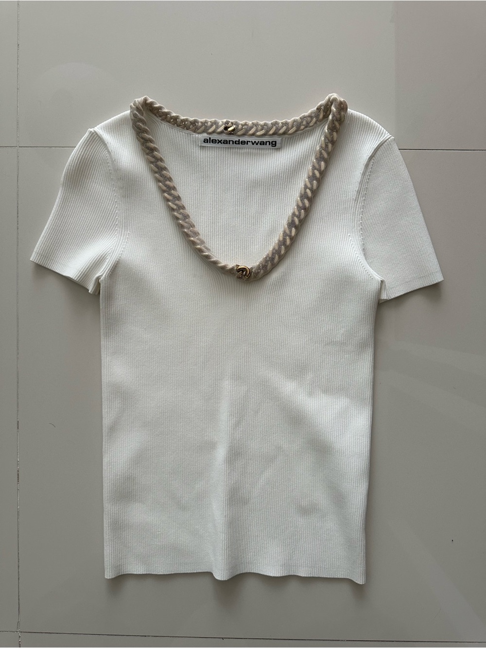 Alexander Wang Cream-Trim Short Sleeve Ribbed Top